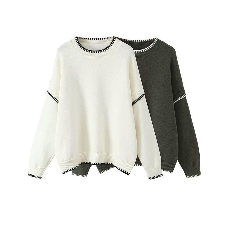 Kaslead New Women clothes Western Style Fashion Loose Contrast Color Pullover Long sleeve Sweater
