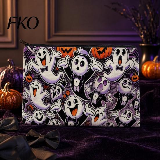 Travel Storage Bag Halloween Bag, with Colorful Cartoon Ghost Print, Durable Canvas Makeup Zipper Large Capacity Lightweight Toiletry Small