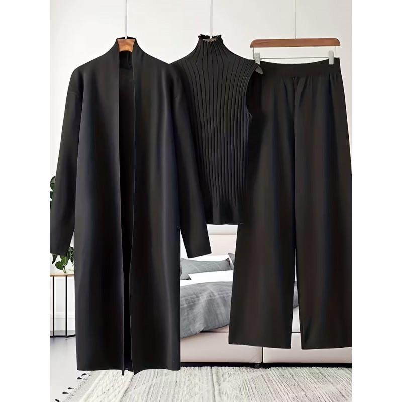 Womens Oversized Knit Set: Open Front Cardigan Turtleneck Top Wide Leg Pants Casual Chic Outfit 2025