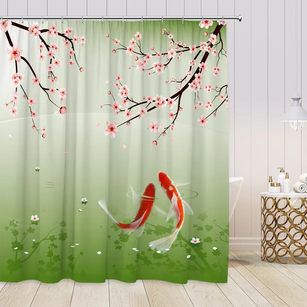 Chinese Style Shower Curtains Lotus Koi Bamboo Chinese Ink Painting Bathroom Curtain Vintage Bath Decorations For Home