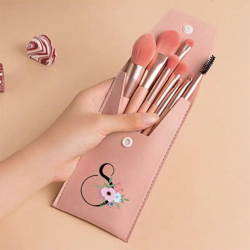 Pink Makeup Brushes Set Soft Synthetic Hair Portable Powder Eyeshadow Brushes For Daily Use Flower And Black Pattern