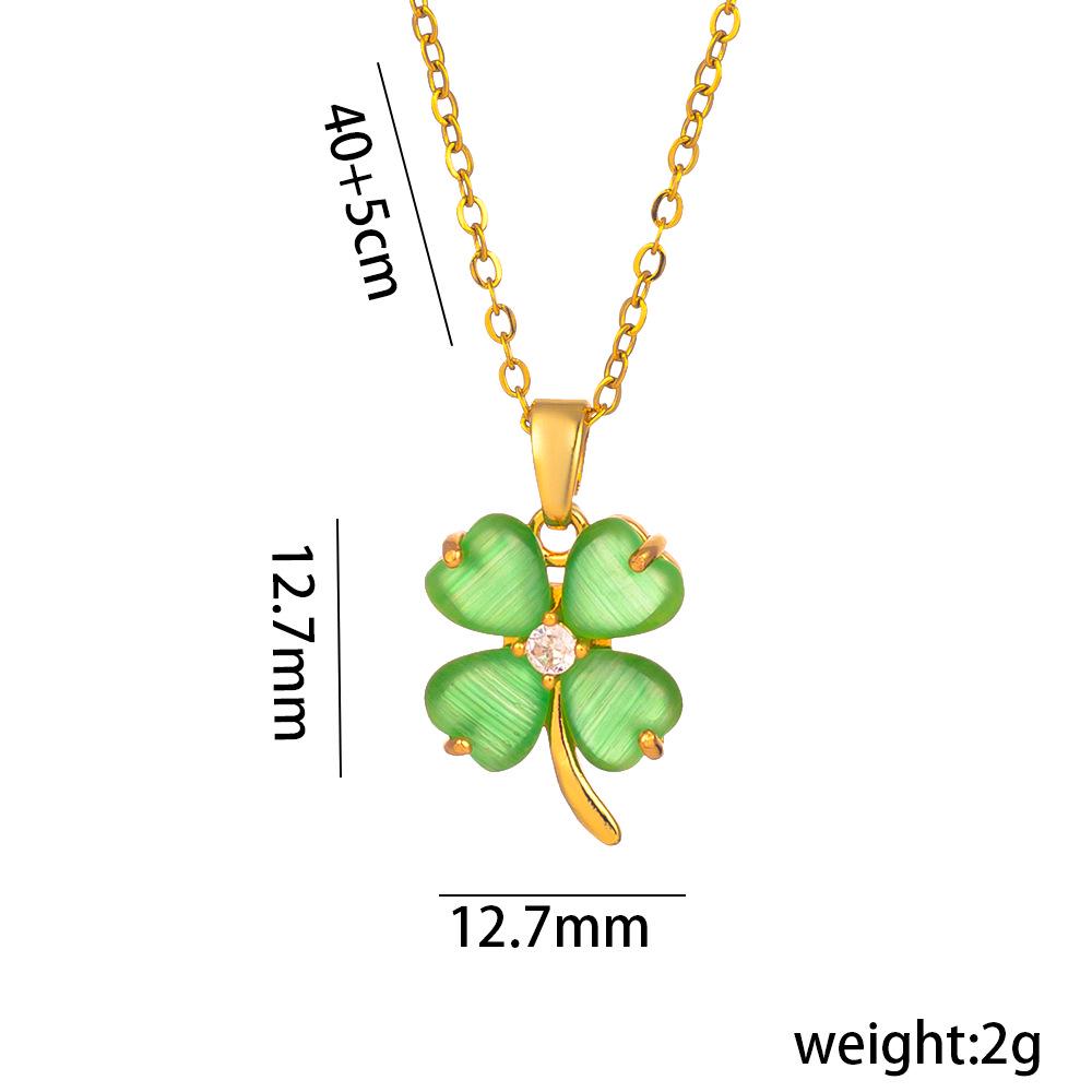 [Real Gold] Titanium Steel Four-Leaf Clover Cat's Eye Necklace for Women - Light Luxury Clavicle Chain with Niche Design
