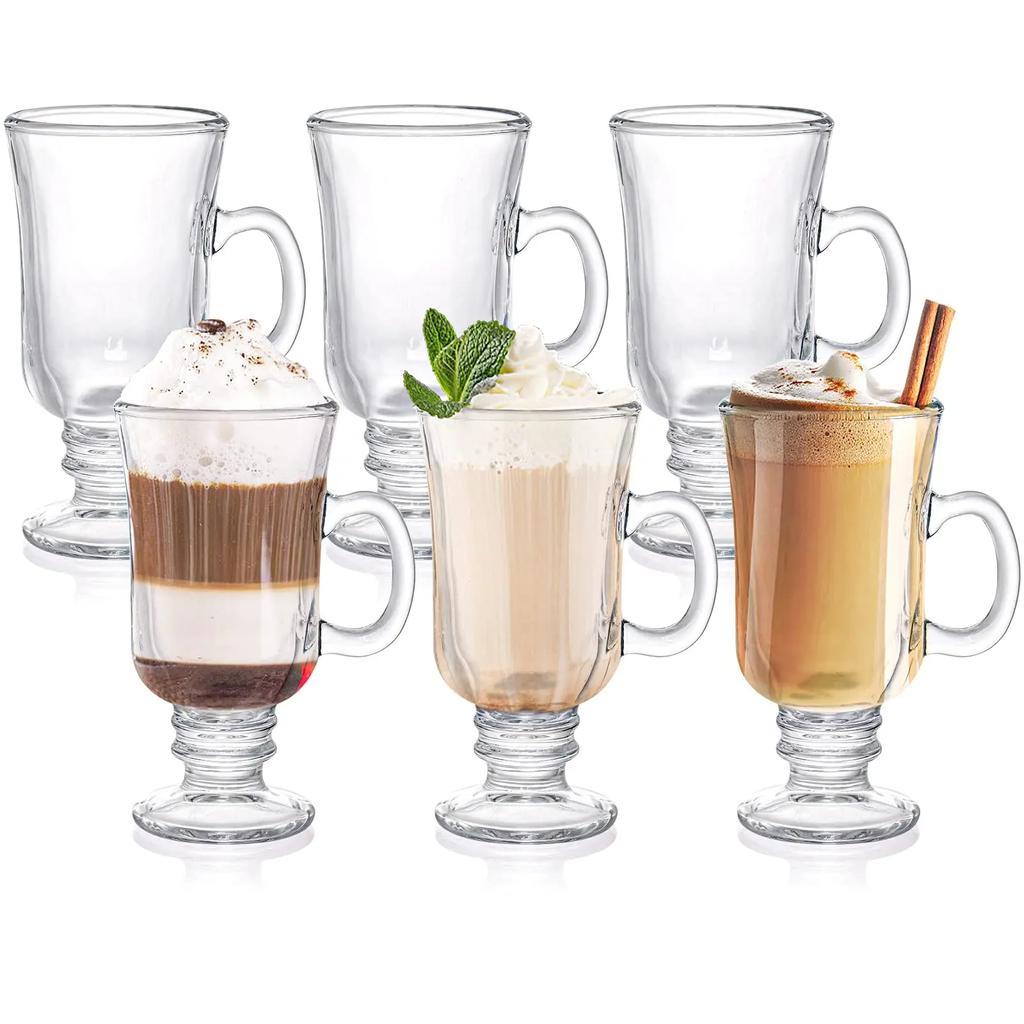 Clear Irish Glass Coffee Cups with Footed Stem Base,Goblet Mugs,for Chocolate Latte Smoothie,Coffee Accessories Drinkware,250ml