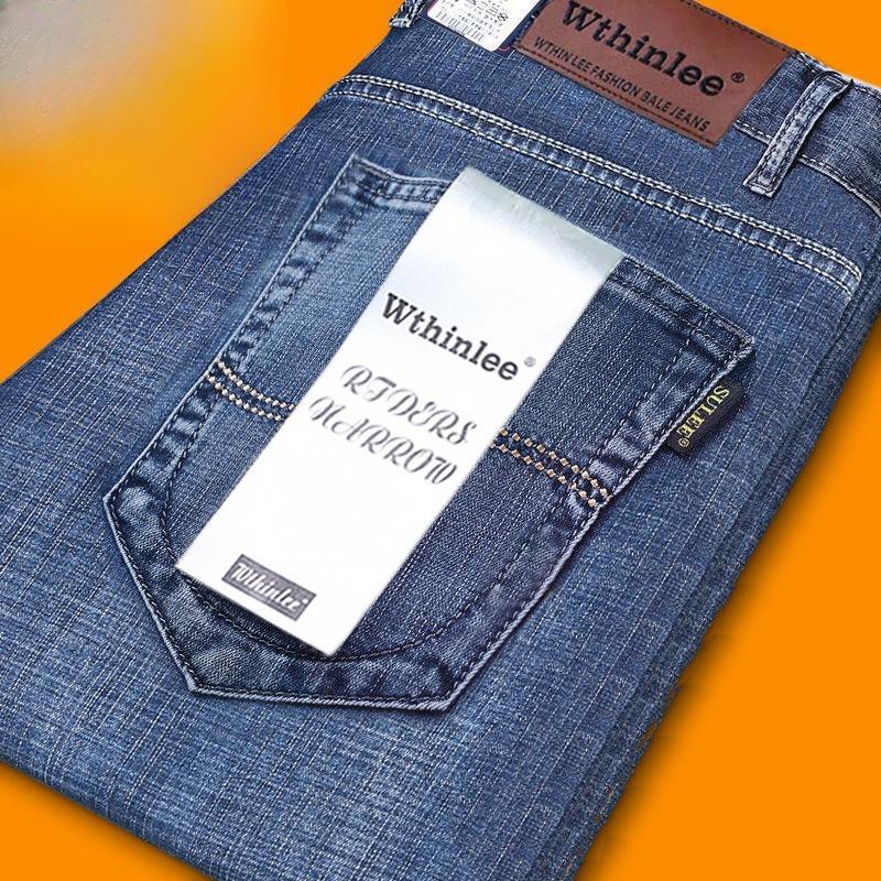 Men's Straight-Leg Relaxed Fit Stretch Denim Trousers Spring/Summer Slim-Fit Washed Casual Trousers