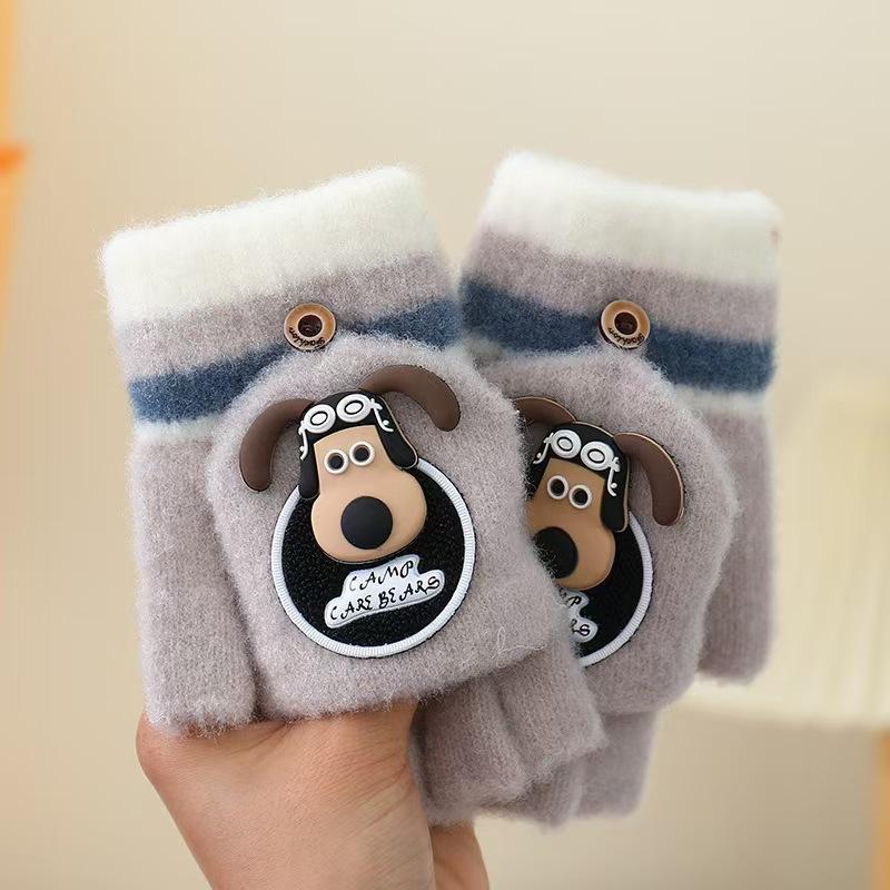 Children's gloves new autumn and winter baby cute warm thickened five-finger flip writing primary school students half-finger gloves