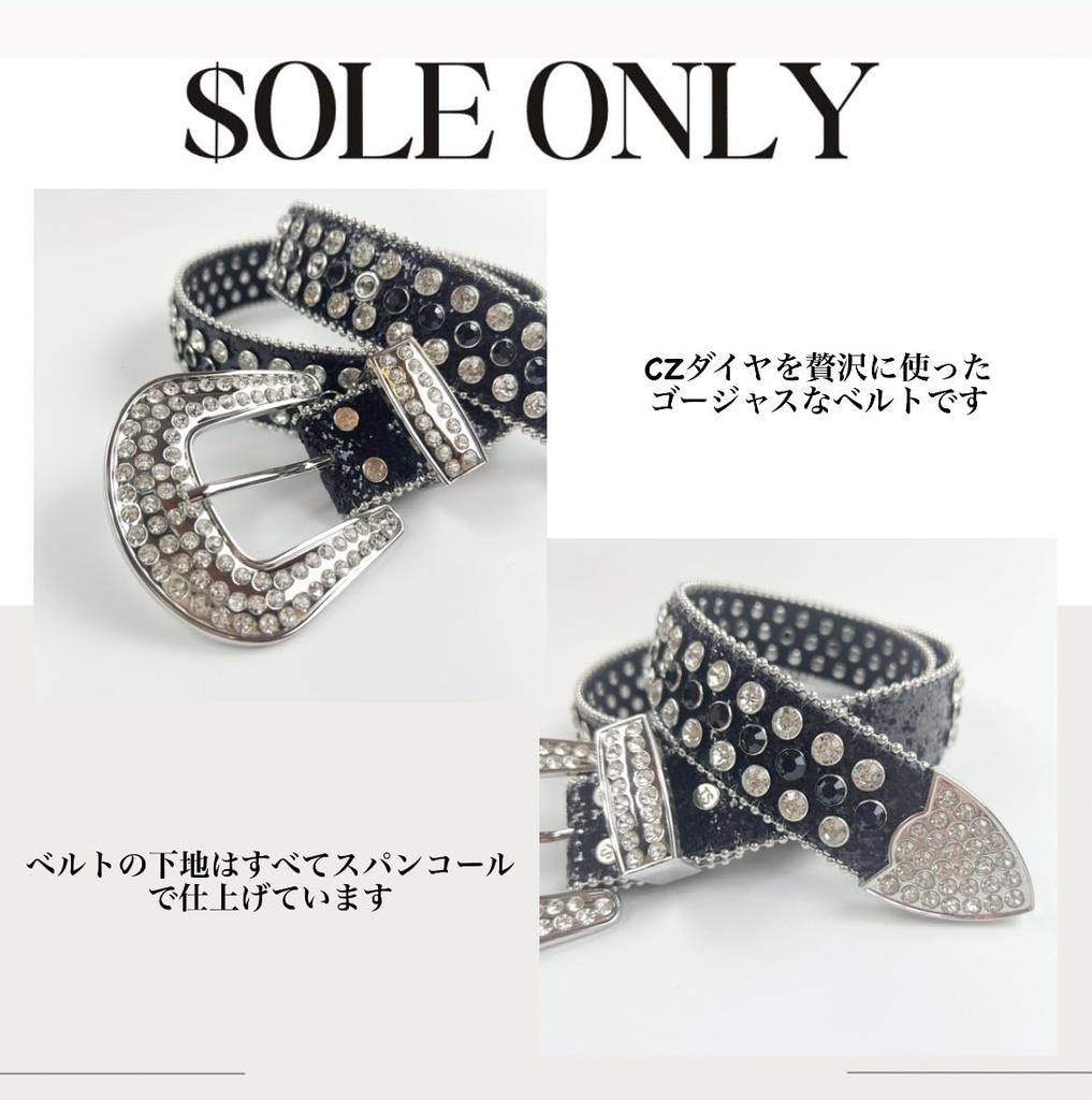 [$ole only] Sole Only Belt, Glittery Black Bling Bling Hip Hop Western CZ Diamond Cool Men's Women's Sequin (Black, 105)