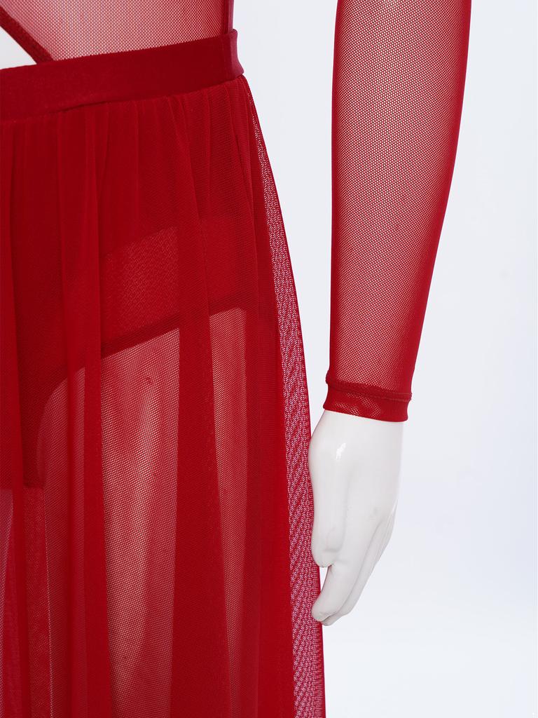 Mädchen Lyrisches Bühnenkostüm Rundhalsausschnitt Cutout-Design Patchwork-Seiten Sheer Mesh Asymmetrisches Tanzkleid