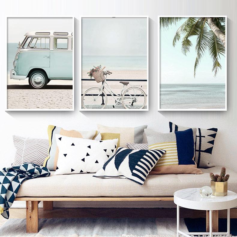 Skandinavien Strand Meer Schilf Palme Strauch Fahrrad Auto Nordic Poster und Drucke Wand Kunst Leinwand Malerei Bilder für Wohnzimmer Dekor