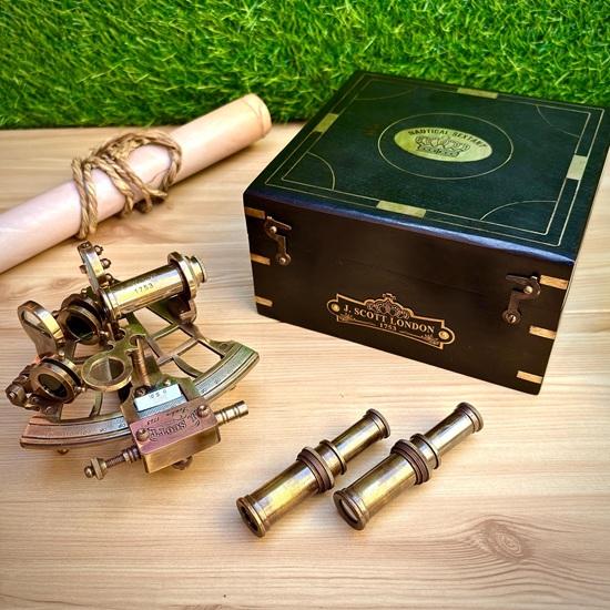 Antique Brass Nautical Sextant with Wooden Box – Gift for Him, Dad, Husband, Captain & Navy Officer, Retirement Maritime, Navigation Decor