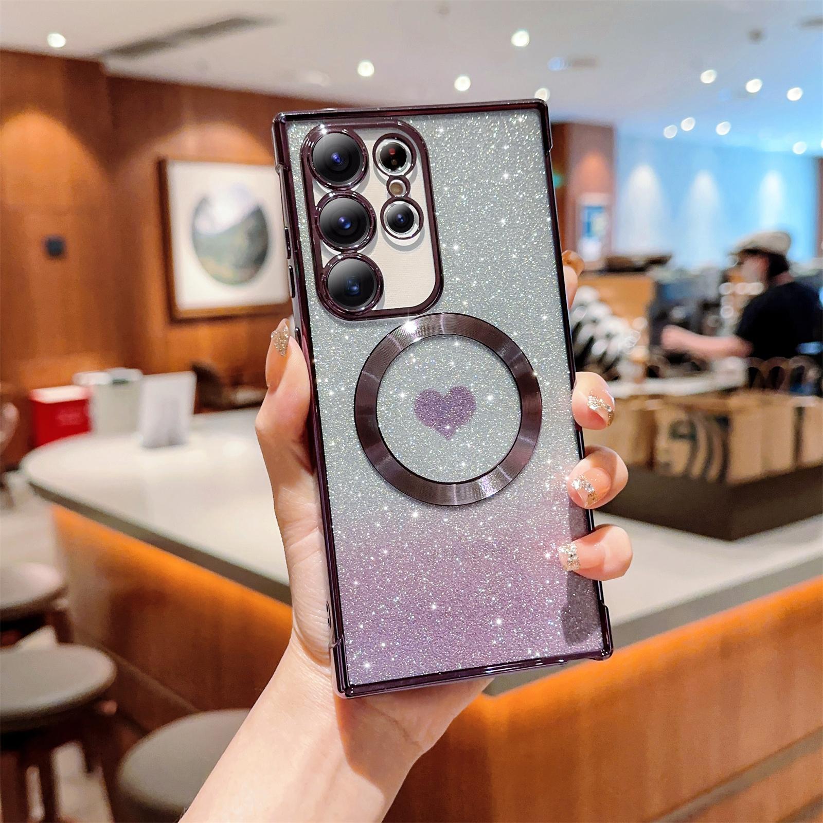 

Для Samsung Galaxy S23 Ultra TPU Чехол Блестящее Сердце Любви Магнитная Блестящая Накладка на Телефон Dark Purple