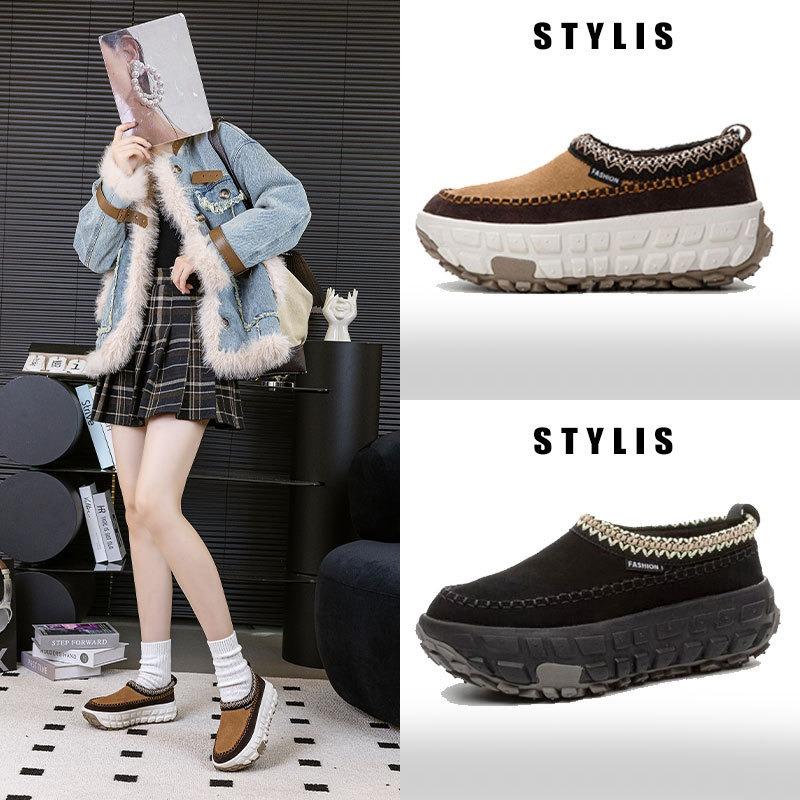 Winter New Leather Thick Velvet Tire Bottom Snow Boots Women's Retro Famous Style One-pedal Lazy Women's Cotton Boots