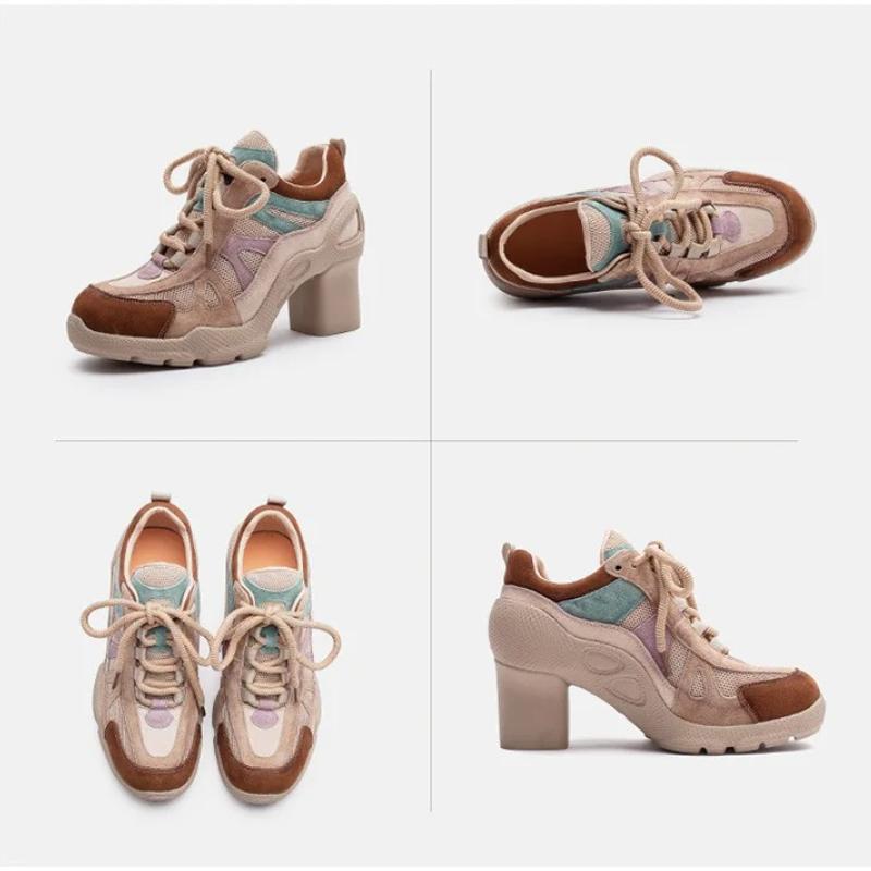 Johnature Fashionable Breathable Sports Style High Heels Mixed Colors Versatile Lace-up Women's Shoes