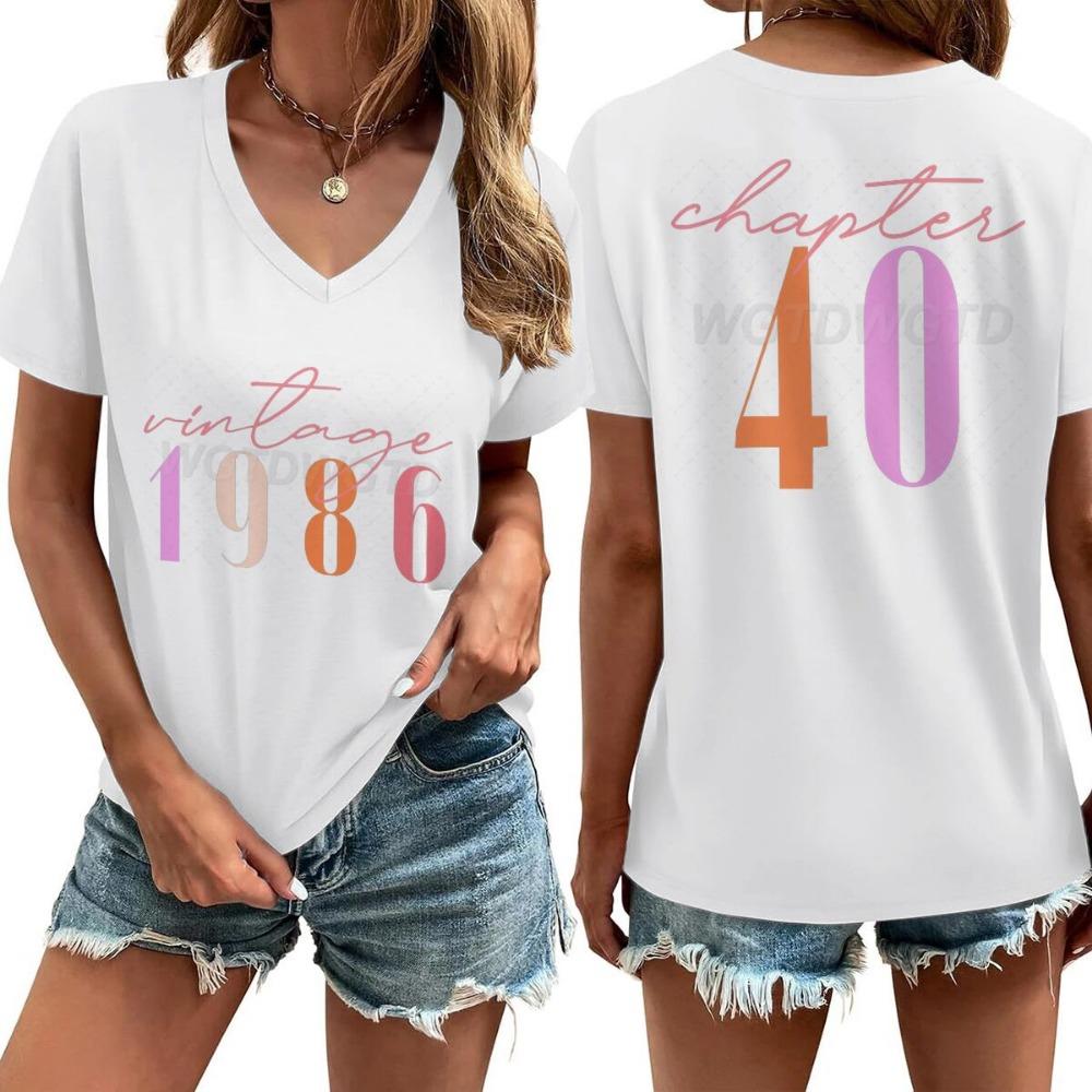 Women s 40th Birthday Short Sleeve Graphic Tee Vintage 1986 Chapter 40 Double-Sided Print V Neck T-Shirt Chapter 40 Classic Tops S