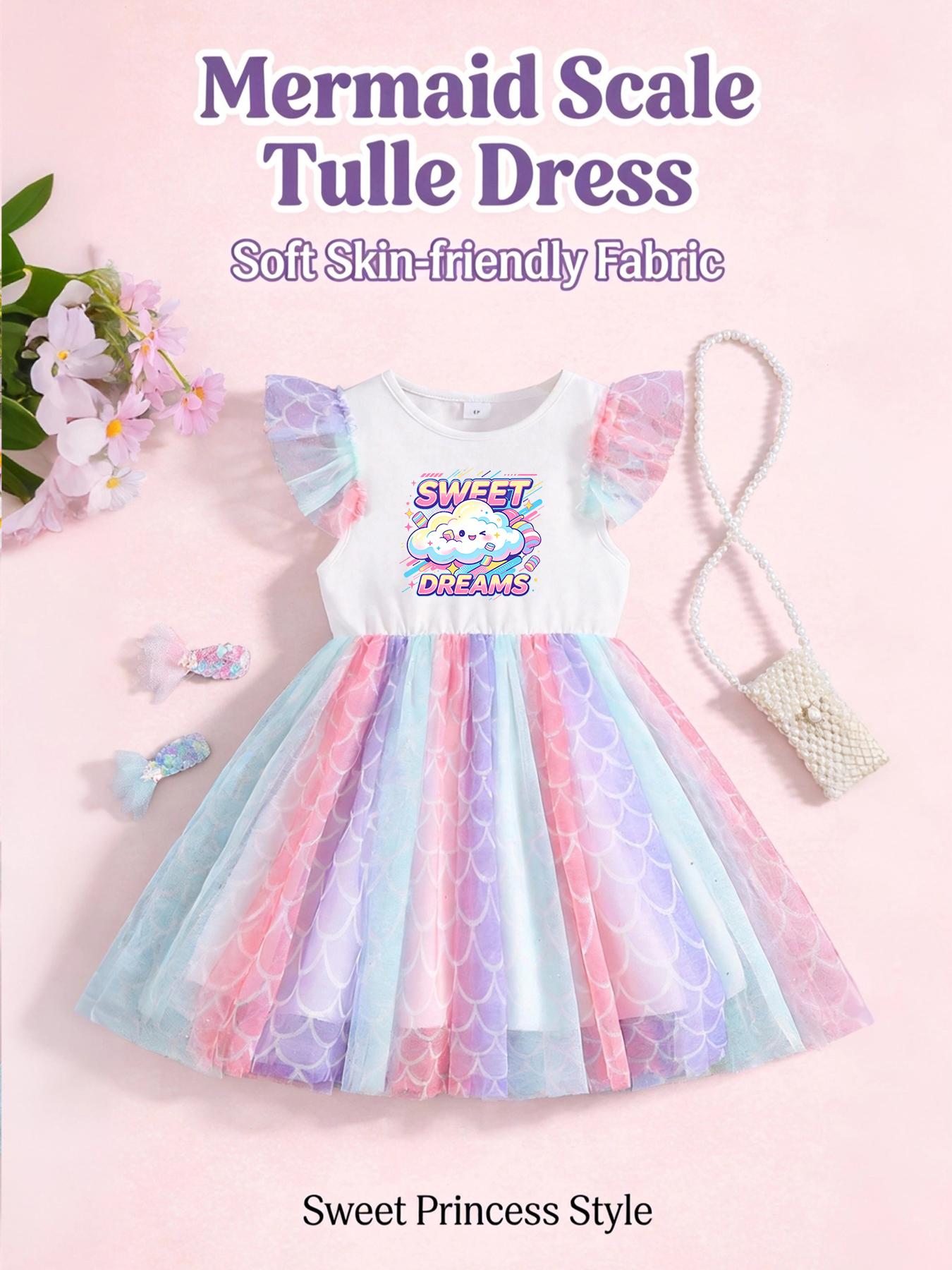 Everyday Party Wear Girls Mesh Dress, Sweet Dreams Cloud Printed Gradient Scale Princess Dress 4Y разноцветный