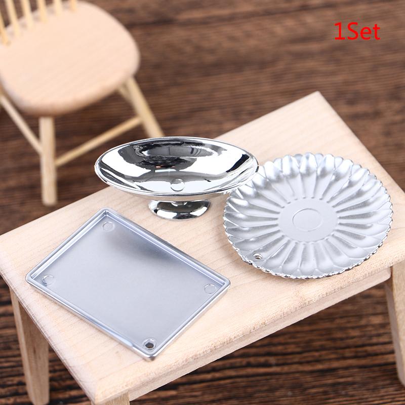 1-3PCS 1:12 Dollhouse Miniature Silver Rectangular Food Tray Mini Cake Fruits Plate Modle Furniture Doll House Decor Accessories
