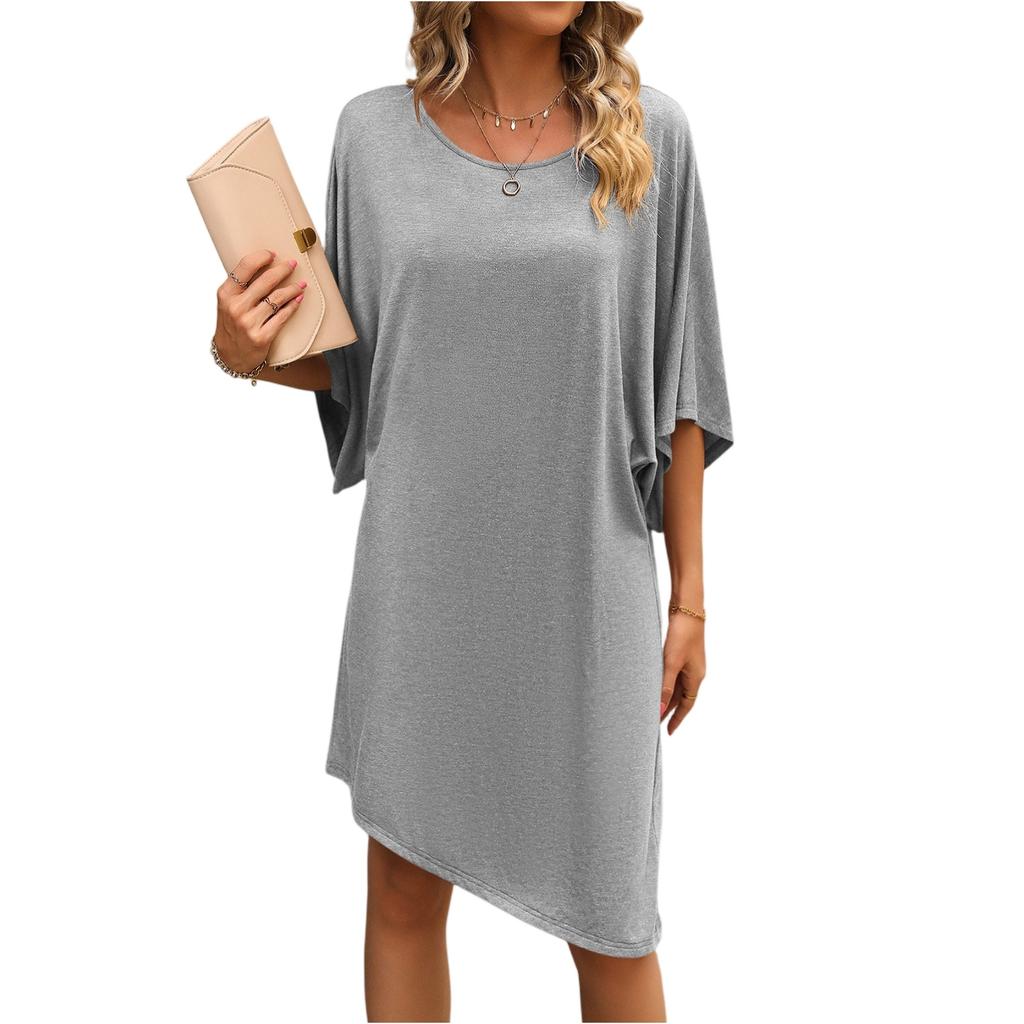 Women's Color Summer Quarter Sleeve Irregular Skirt Casual Loose Mid-Length Dress