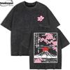 Mount Fuji Cherry Blossoms Prints Washed T-Shirts Womens Cotton Short Sleeve Tops Summer O-Neck Oversized T Shirt Basic Clothes