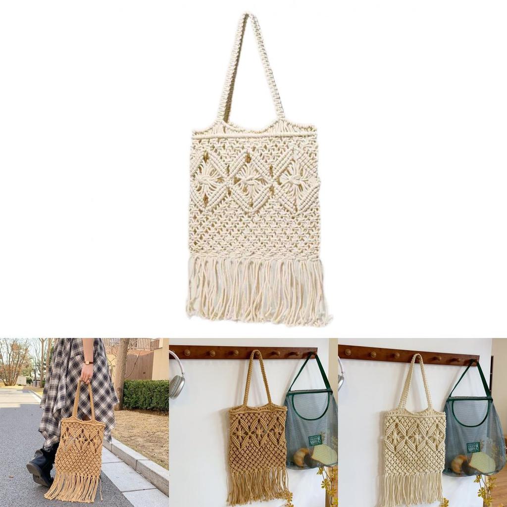 Böhmischer Stil Einfarbige Große Kapazität Damen Lässige Gewebte Tasche Mit Quasten Für Sommer Strandurlaub Damen