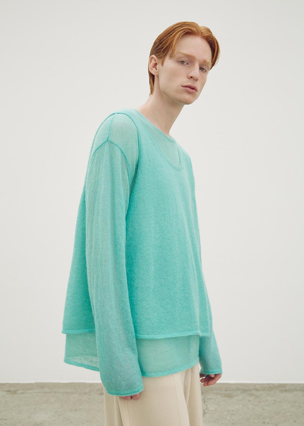 Umamung Italian Sheer Mohair Crewneck Pullover_Aqua Aqua/L