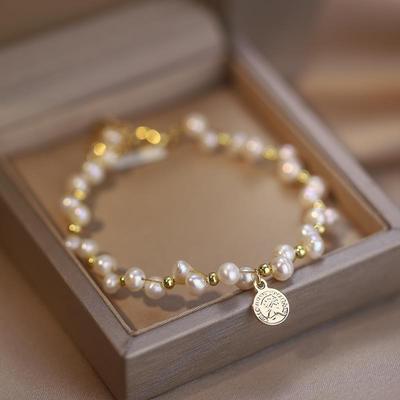 Freshwater Pearl Bracelet Instagram Small Design Portrait Round Label Pendant Bracelet Accessories Girl Gift Jewelry