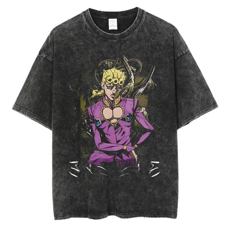 Vintage Washed TShirt Men Summer Hip Hop Streetwear T-shirt JoJo Bizarre Adventure Anime Print Cotton Casual Short Sleeve T-shirt Daily Wear Cool Top