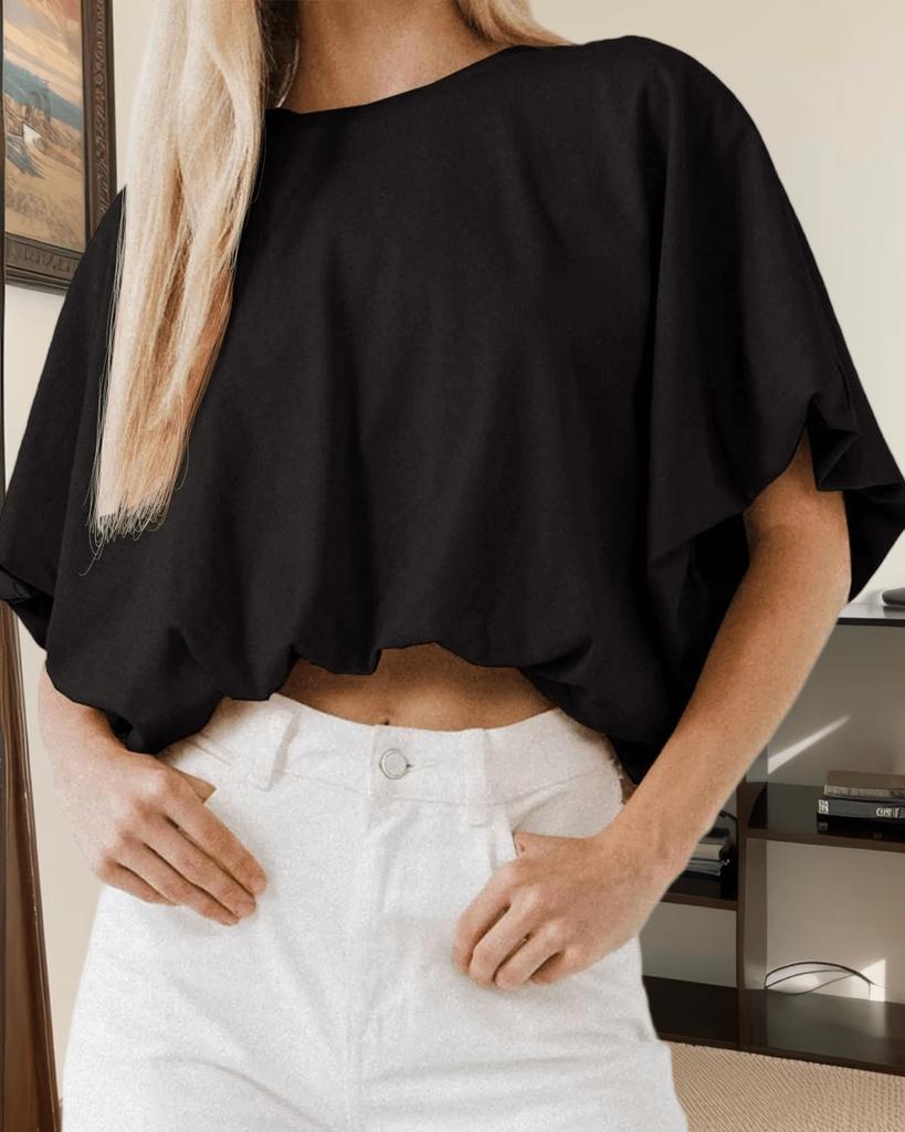 Womens Summer Crew Neck Crop T Shirt Short Sleeve Casual Slim Top
