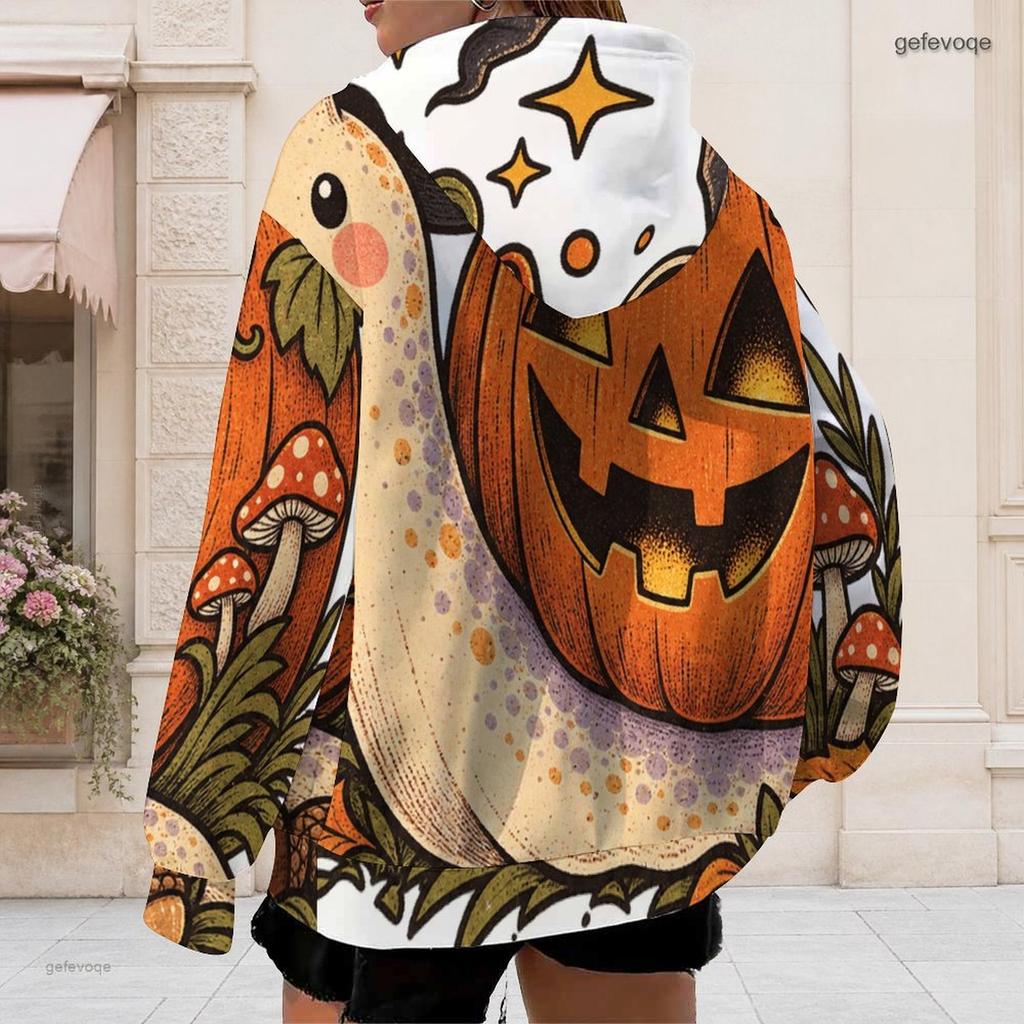 Women Plus Size Zip Up Drawstring Hoodie Long Sleeve Pumpkin Printed Casual Hooded Sweatshirt With Pockets