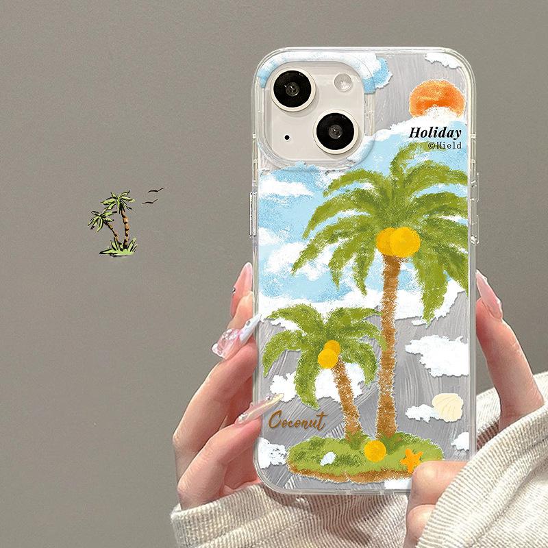 Applicable To Apple 15 Mobile Phone Case Iphone14pro Oil Painting Coconut Tree Invisible Bracket 13 Feather Yarn 12 Summer 7/8