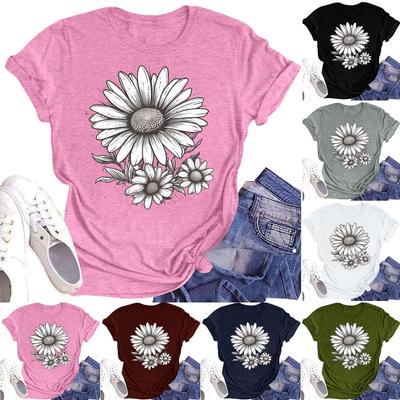 Dam Casual Rundhalsad T-shirt Topp med Blomtryck och Kort Ärm