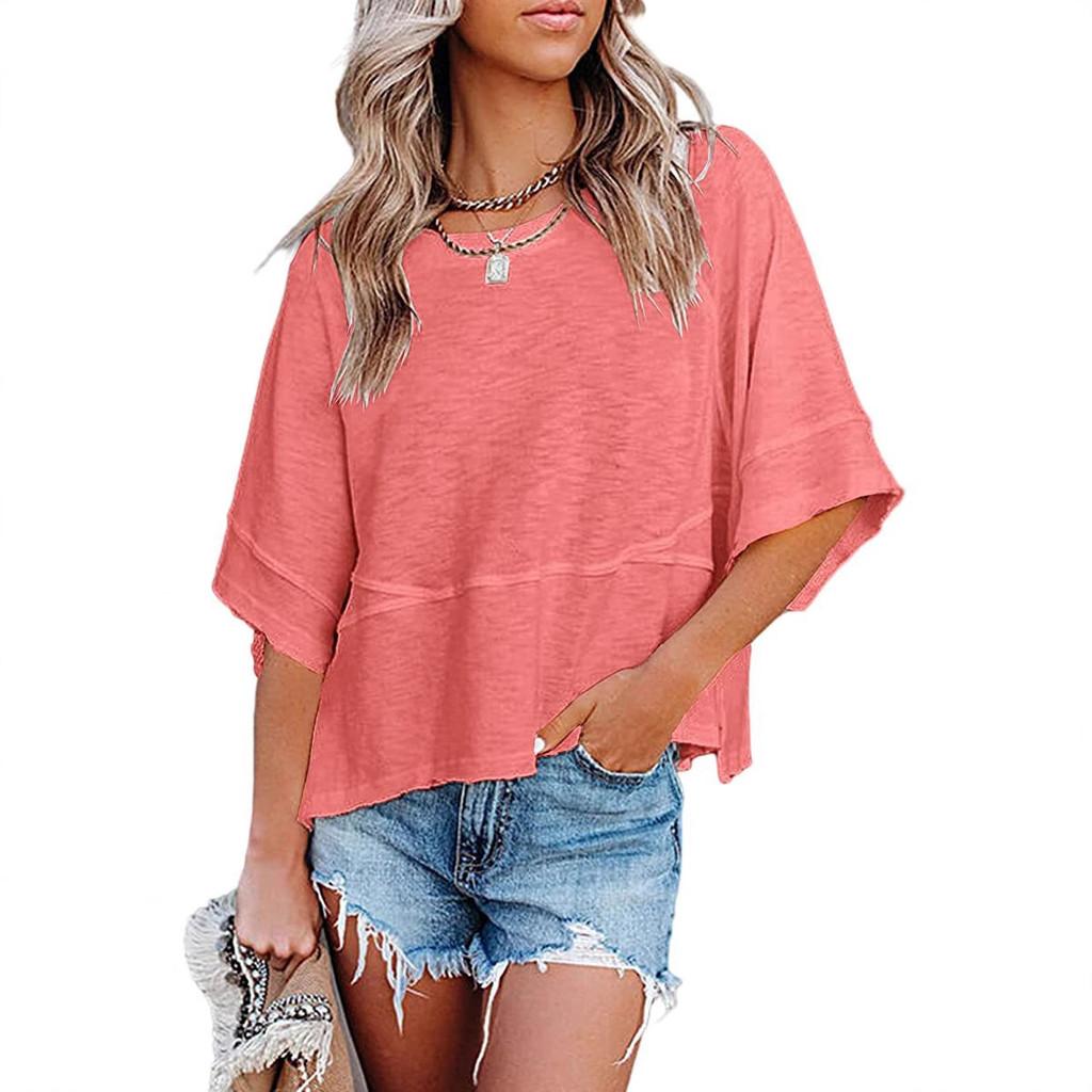 Casual Loose Fit T Shirt With Spliced Cotton Polyester Blend For Women