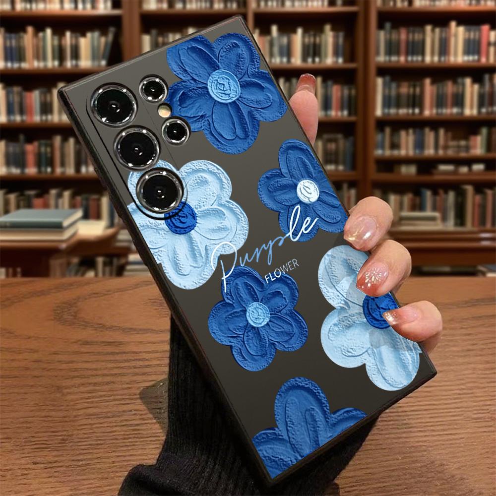 Blue Textured Flowers Slim Fit Phone Case Anti Scratch Drop Protection For Samsung Galaxy S26 S25 S24 Ultra FE A Series
