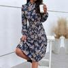 Spring Women Turn Down Collar Long Sleeve Pleated Lace Up Floral Short Chic Dress