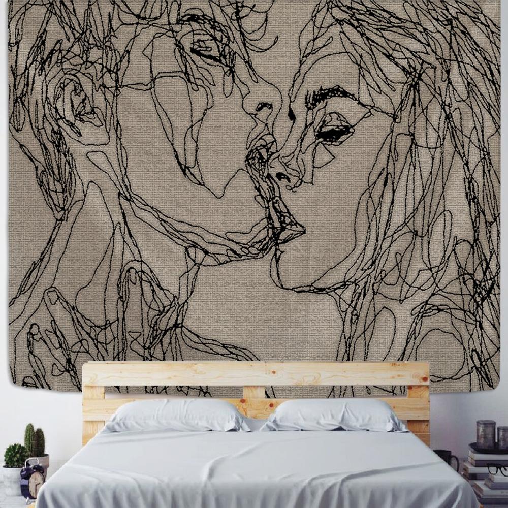 

Креативная линия живописи, гобелен, настенный богемный хиппи для мужчин и женщин, поцелуй, психоделический абстрактный ковер, ретро-декор 150x150cm