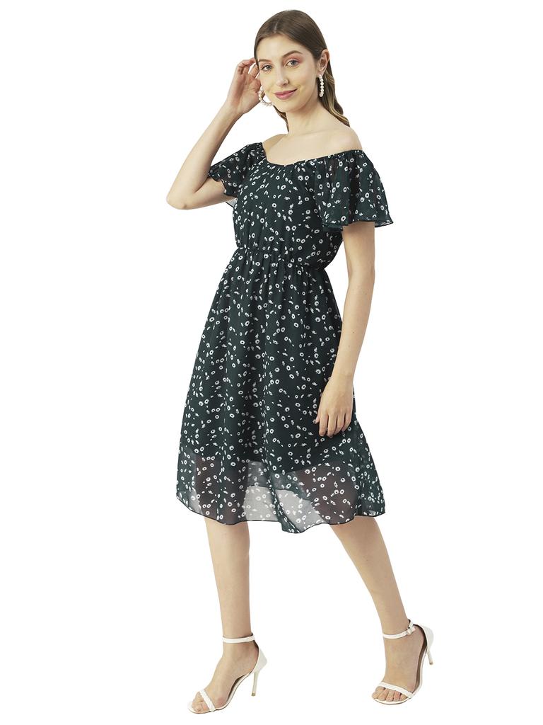 Moomaya Printed Off-Shoulder Poly Georgette Midi Dress Cinched Long Dress