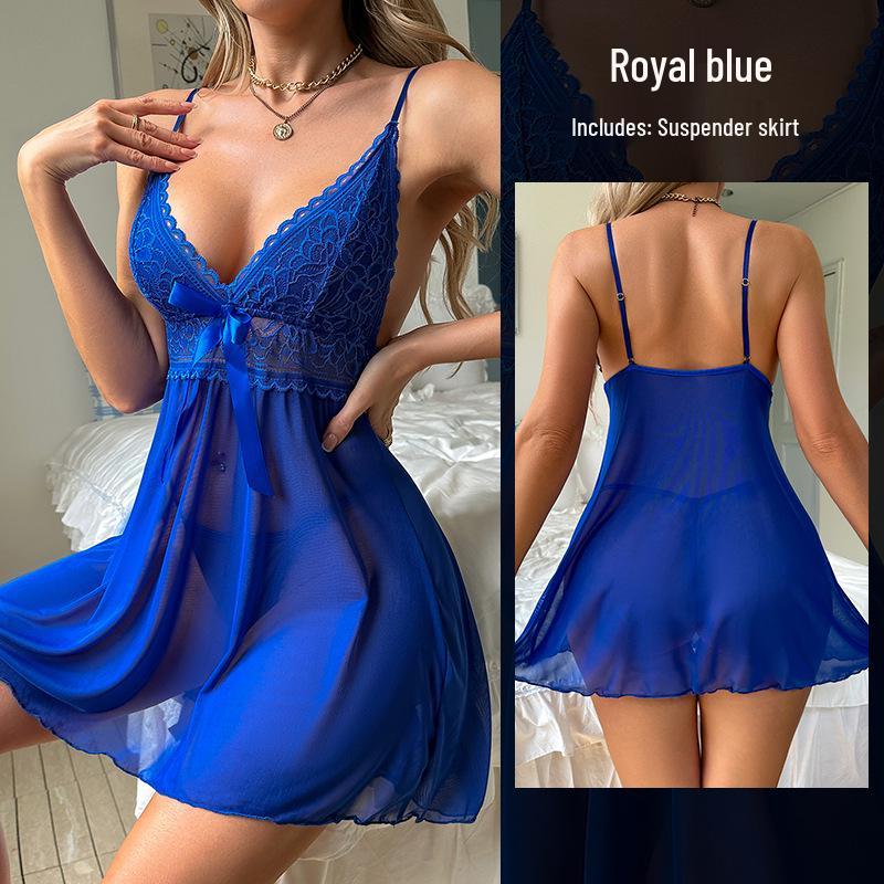 Lace Spaghetti Strap Mesh Nightgown - Sexy See-through Lingerie for Women