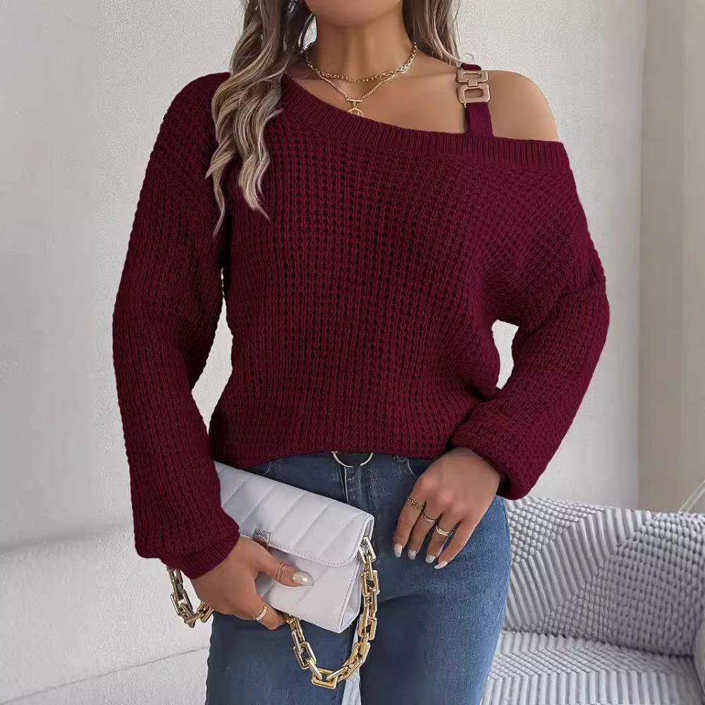 Damesweatshirt Høst/Vinter Casual Metallspenne Lappverk Off-Shoulder Klokkeermer Pullover Strikk Damer Strikket Topp