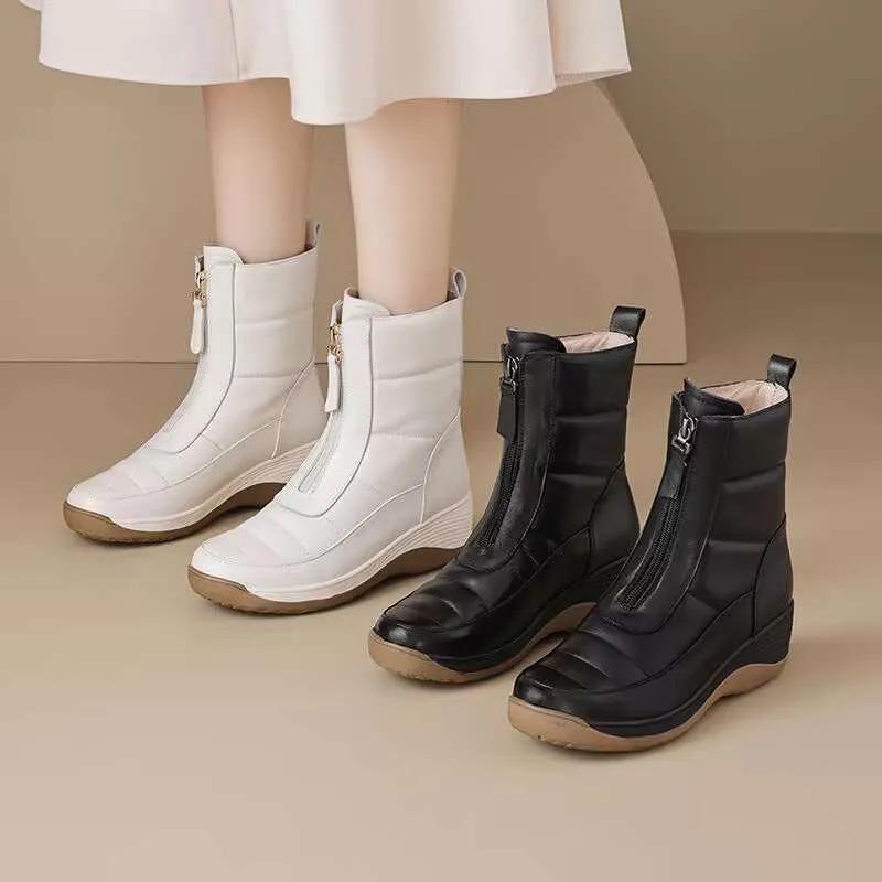 Dicksohlige Schneestiefel aus weichem Leder Herbst und Winter Plus Samt Verdickt Rutschfeste Stiefel Damen Keile Damenschuhe Wolle Kurze Stiefel