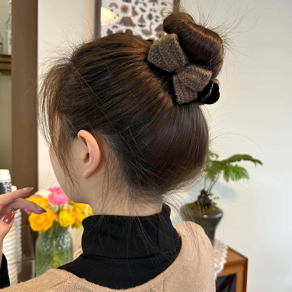 Autumn Winter Knit Bow Plush Hair Clip - Elegant Bun Accessory