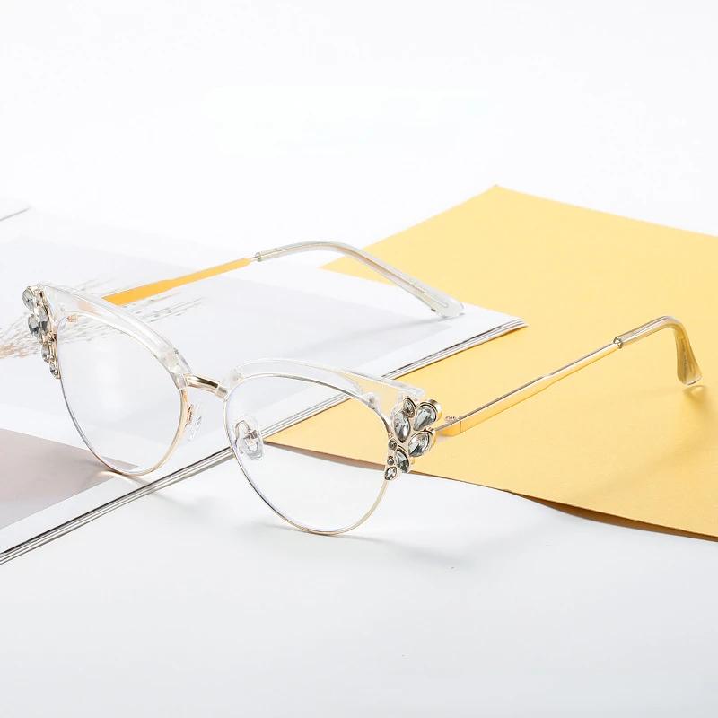 Fashion Style Luxury Design Diamond-studded Anti-blue Glasses Women's Vintage Style Cat Eye Eyeglasses Glasses Frame Trend Personality Flat Mirror