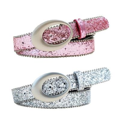 Durable PU Leather Women's Belt With Glitter Studed Metal Decor Waist Strap For Trousers