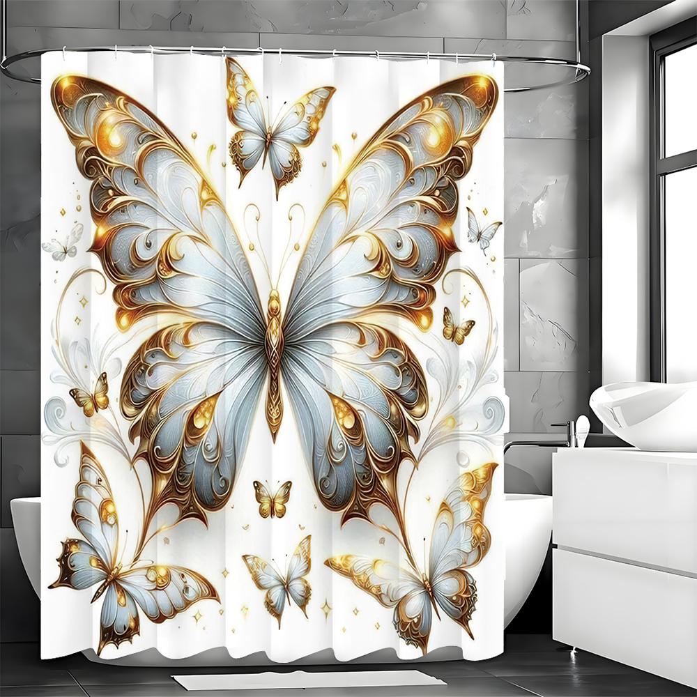 Butterfly Floral Shower Curtain, Bathroom Decorative Shower Curtain, Waterproof Shower Curtain with Hooks