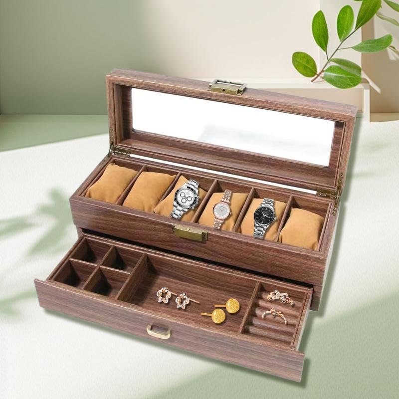 Luksusowy uchwyt do przechowywania zegarków w kolorze Espresso Stylowe etui na zegarki z 6/20 miejscami dla mężczyzn z podwójnymi warstwami i szklanym wieczkiem