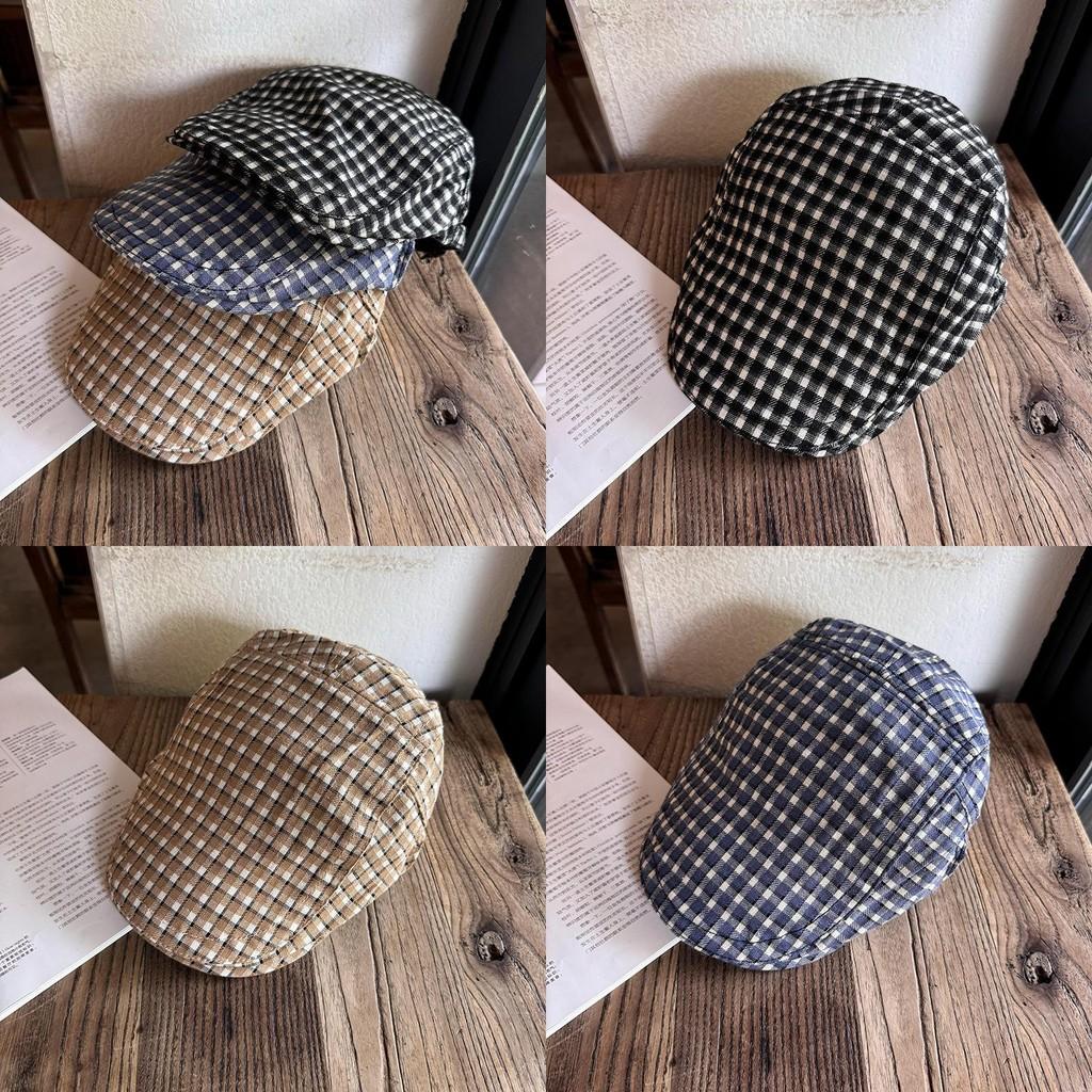 Checkered Pattern Retro Beret Hat For Women Breathable Sunshade Headwear Gift