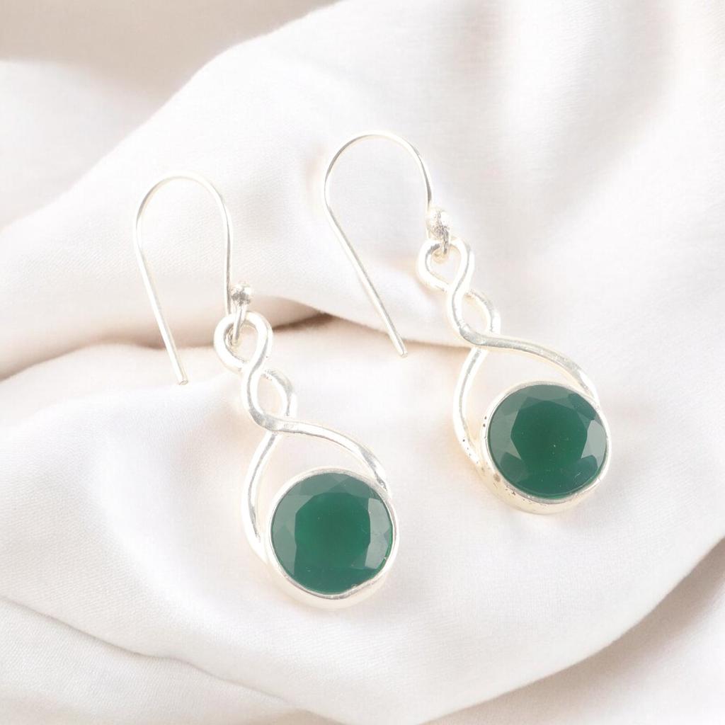 Faceted Green Onyx Stone 925 Sterling Silver Designer Earrings For Women 1.68" CE-15-19