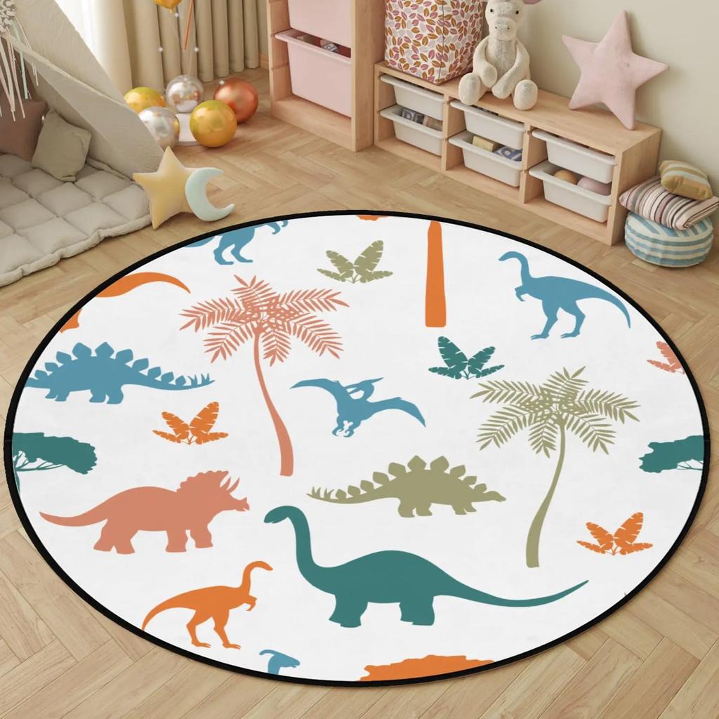 Cartoon Dinosaur Round Carpet Cute Dino Circle Rug for Living Room Playroom Office Laundry Decor Non-slip Comfort Play Yoga Mat