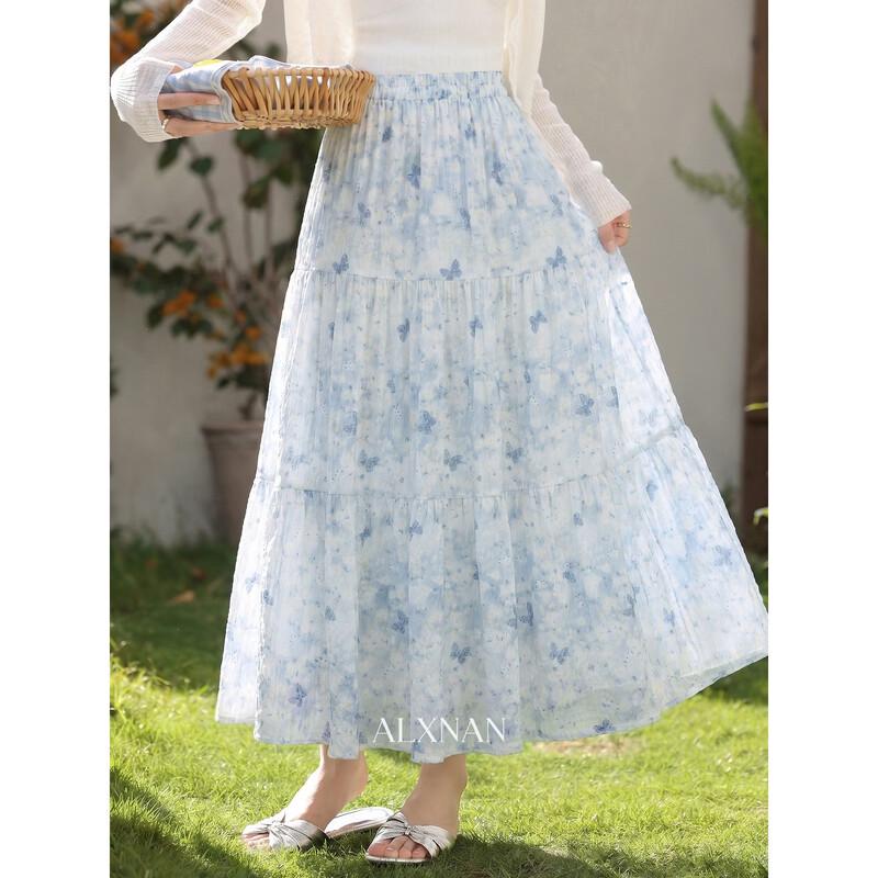 Women s Blue Floral High-Waist Tiered Midi Skirt M