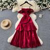 French red suspender with chest pad satin dress women's waist ruffle edge sleeveless A-shaped dress socialite dress