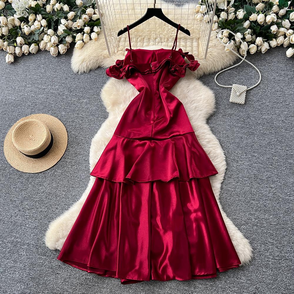 French red suspender with chest pad satin dress women's waist ruffle edge sleeveless A-shaped dress socialite dress