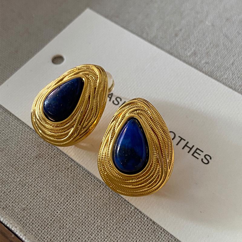 Teardrop Lapis Lazuli Stud Earrings - Vintage Mid-Century French Design