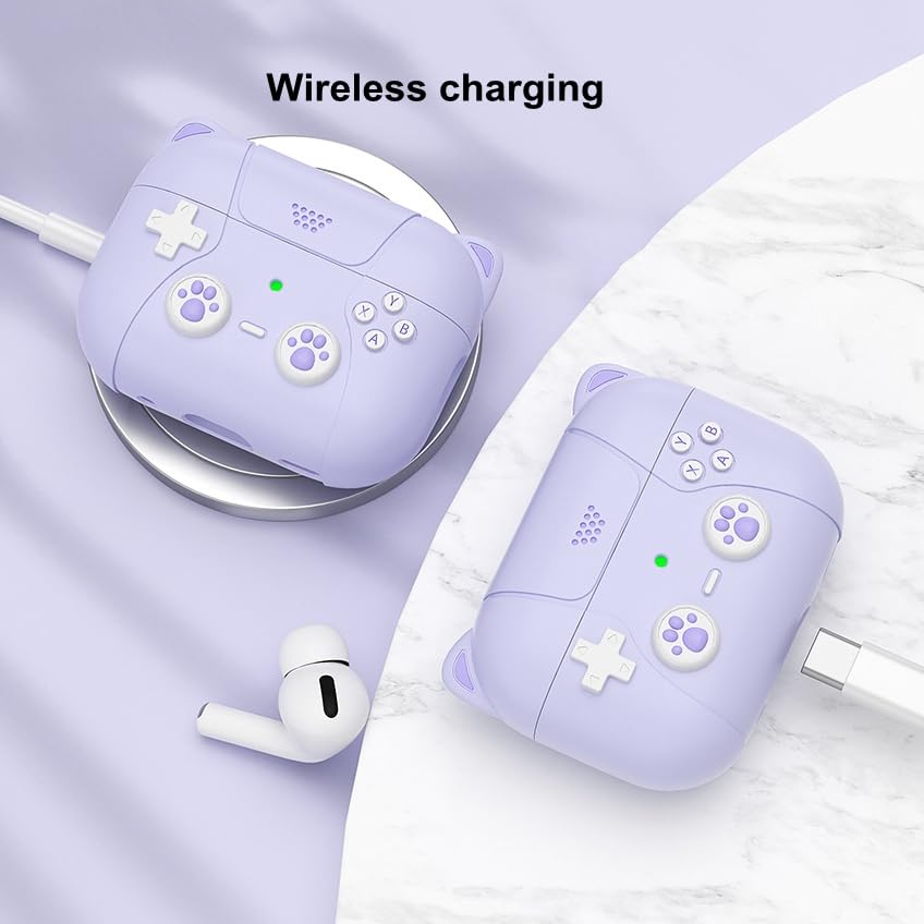 for AirPods 4 Generation Case Cover with Keychain Game Player Design Soft Silicone Case for AirPods Pro2 Charging-Cat Ear Purple